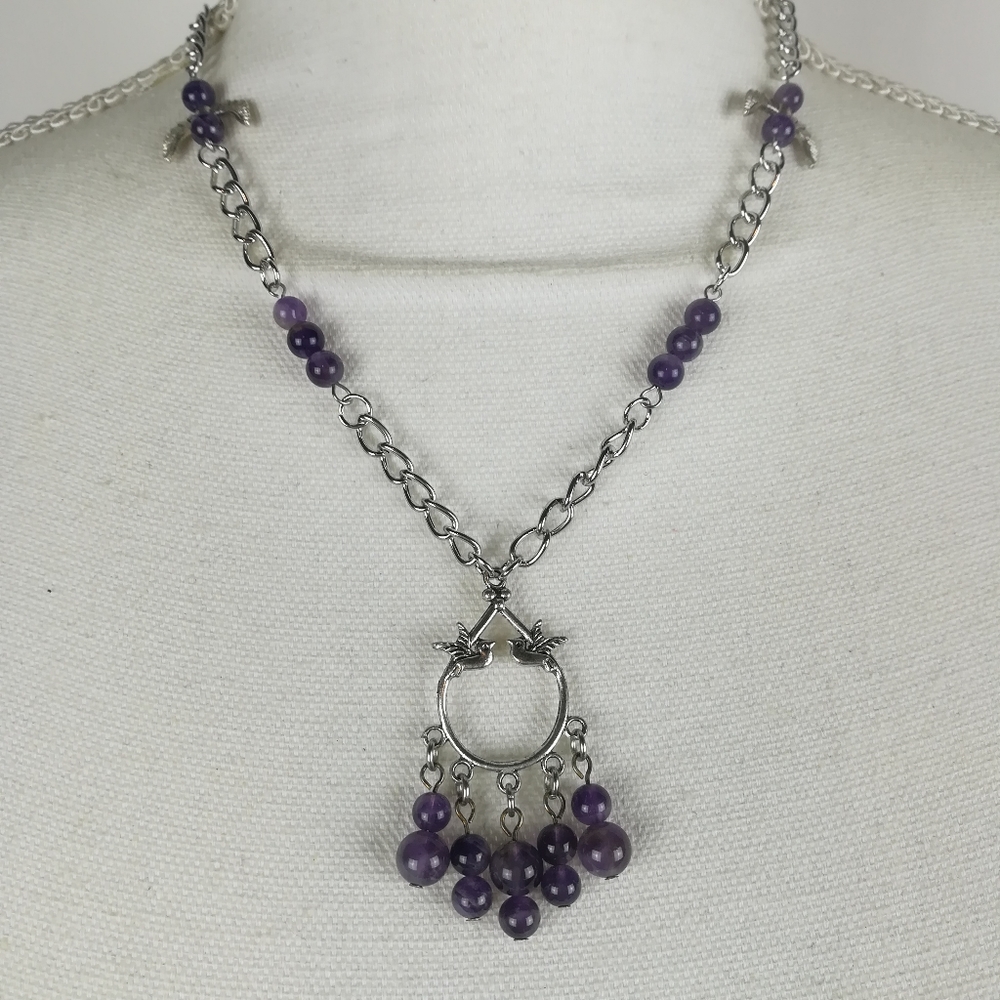Whimsical Amethyst bird theme necklace nature animals